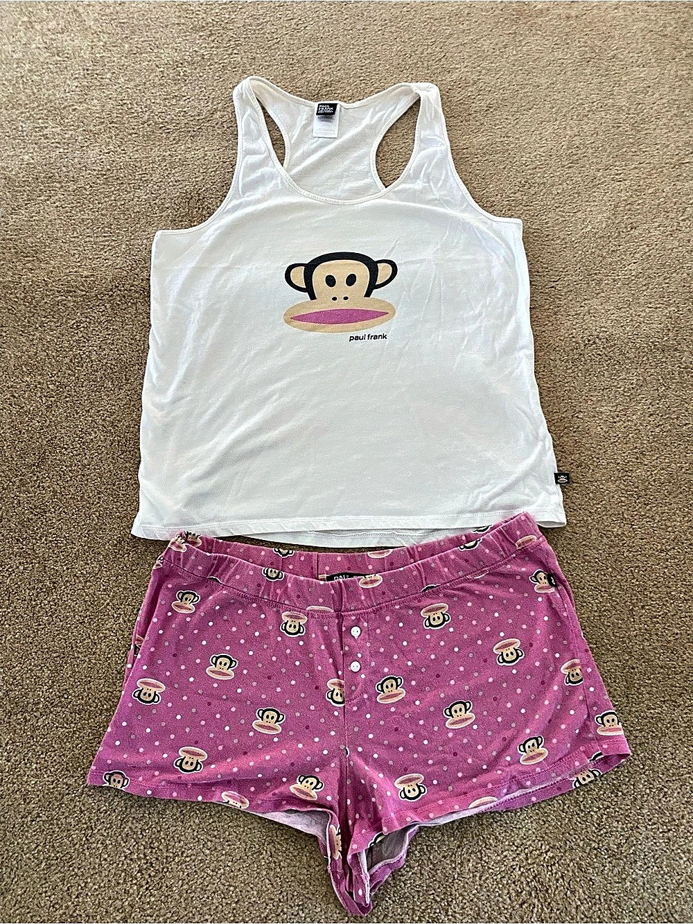 Vintage Y2K Paul Frank Julius Monkey Tank Top and Shorts Pajama Set White & Pink